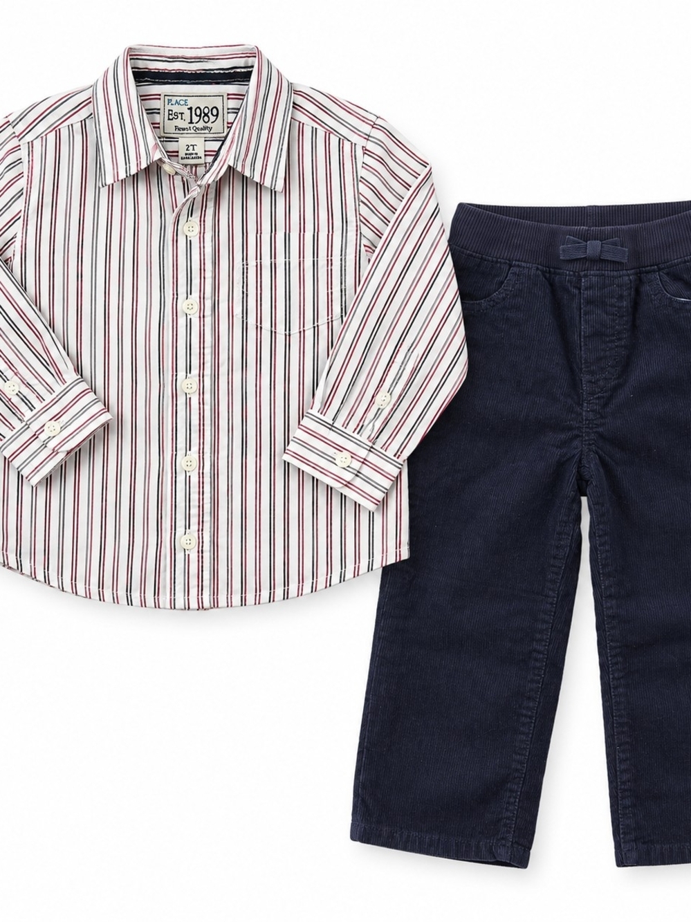 NEW!!The Children’s Place Boys 2T Striped Dress Shirt & Navy Corduroy Pants Set